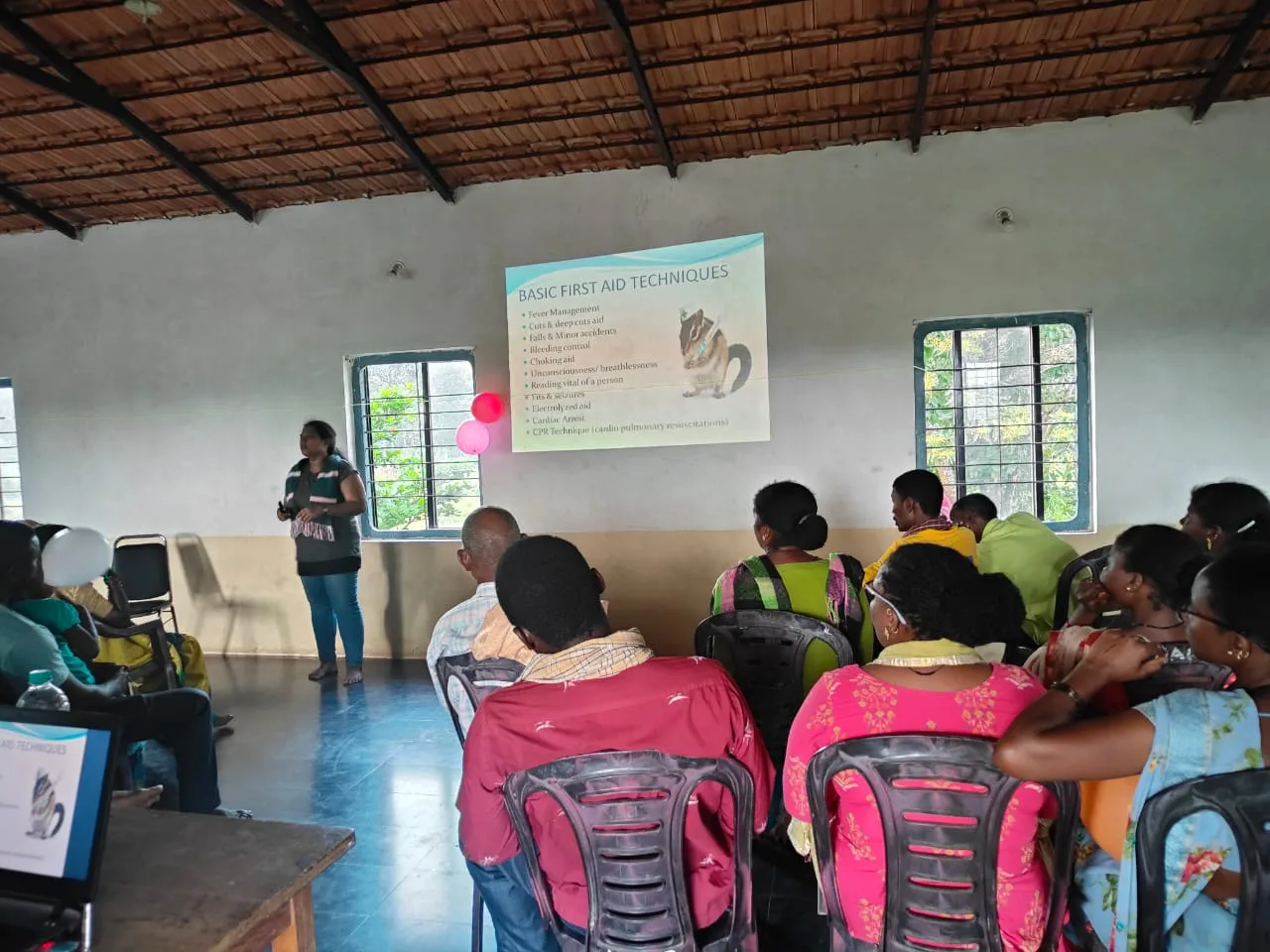 Mrs. Rita Marshall conducting a Basic First Aid Techniques session for the Siddi community in Karnataka